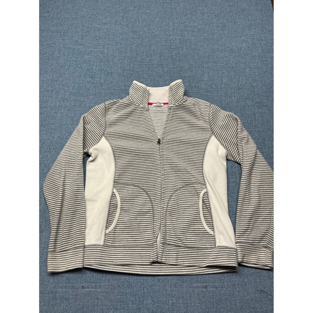 Old Navy Womens Gray White Striped Fleece Full Zip Jacket Mock Neck Medium